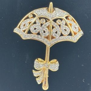 Swarovski Signed Gold Plated Umbrella Pin Set with Clear Crystals